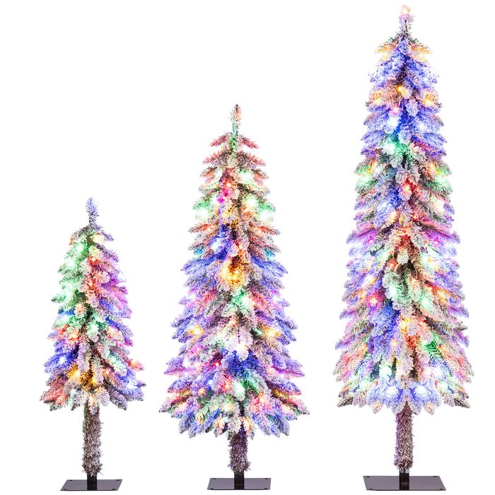 Costway 3PCS Christmas Tree Set w/Snow-flocked Branch Tips LED Lights