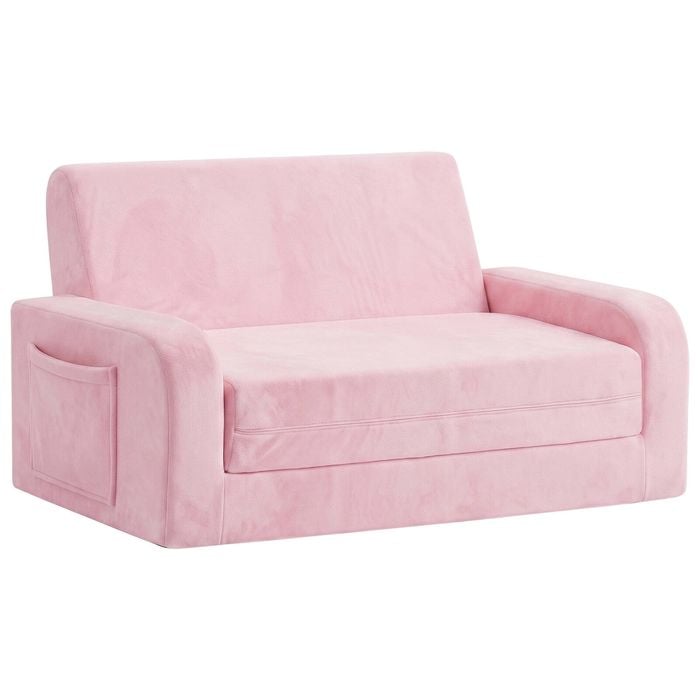 Ufurniture 3-in-1 Kids Couch Convertible Toddler Armrest Lounge Chair with Side Storage Pockets and Non-Slip Base Pink