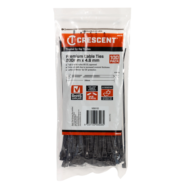 Cresent 200 x 4.6mm Black Cable Ties - 100 Pack