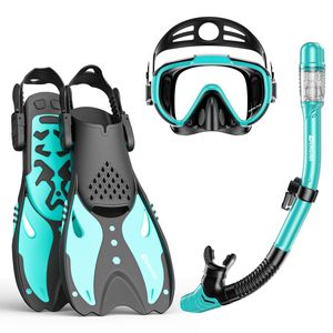 EMSINA Snorkel Set Mask Fin Trek Fin Dry Top Snorkeling Gear Adults Travel Bag (Green B3 S/M x3)