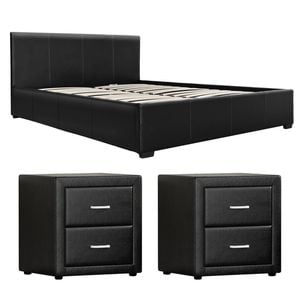 Artiss Gas Lift Queen Bed Frame And 2 Bedside Table Set Leather Black
