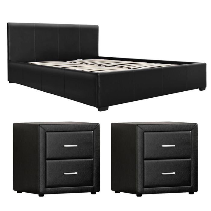 Artiss Gas Lift Queen Bed Frame And 2 Bedside Table Set Leather Black