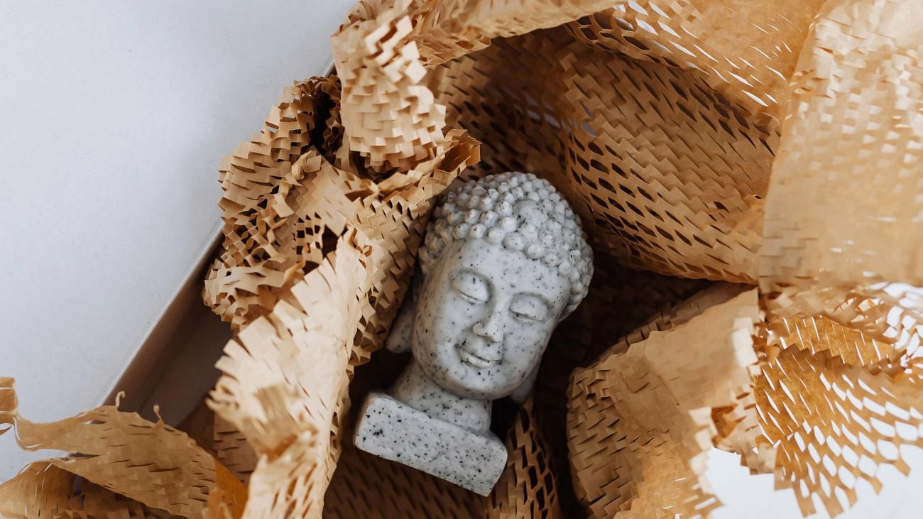 A bust statue packed in a box, cushioned with Wrap & Move’s honeycomb paper wrap