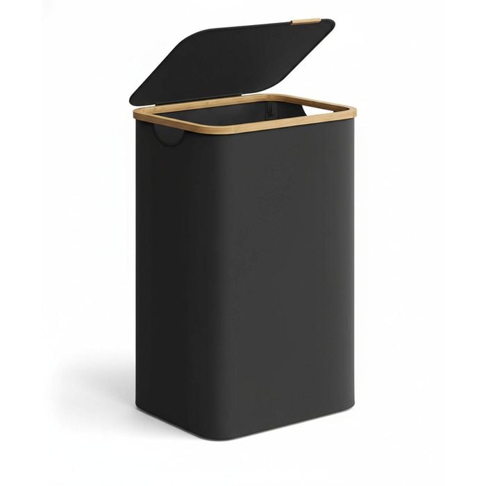 Large Laundry Basket with Lid - 90L, Removable Liner, Bamboo Handles