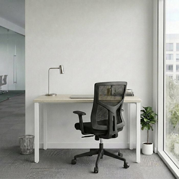 Olg Workstation Bundle: Axis 1500x750 White Frame Nordic Maple Top + Tilly Office Chair Black