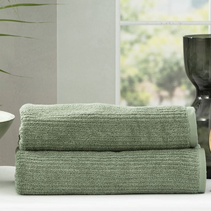 2pc Renee Taylor Cobblestone 650gsm Cotton Ribbed Towel Bath Sheet Sage
