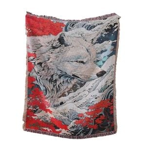 Anycozy Blanket Throw 130x160cm Japanese Style White Wolf Red Floral Decorative Tapestry