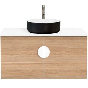 CIBO 900mm Oak Mornington Wall Hung Vanity With Black / White Basin And White Handle