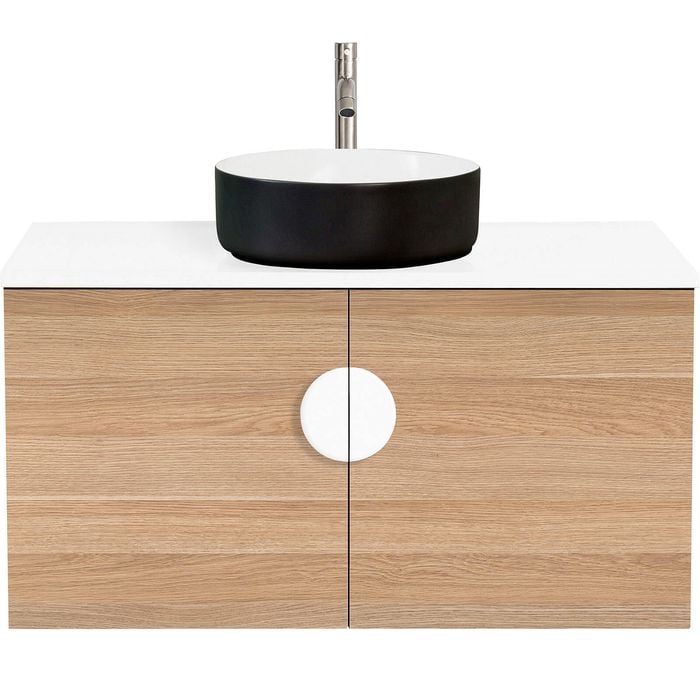 CIBO 900mm Oak Mornington Wall Hung Vanity With Black / White Basin And White Handle