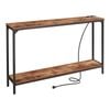 2 Tier Console Table with Power Outlets and USB Ports, Brown