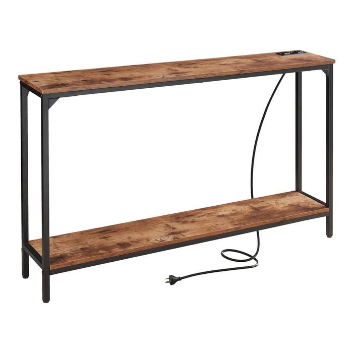 2 Tier Console Table with Power Outlets and USB Ports, Brown