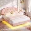Advwin LED Floating Bed Frame with Adjustable Headboard and Storage Bags Double Pink
