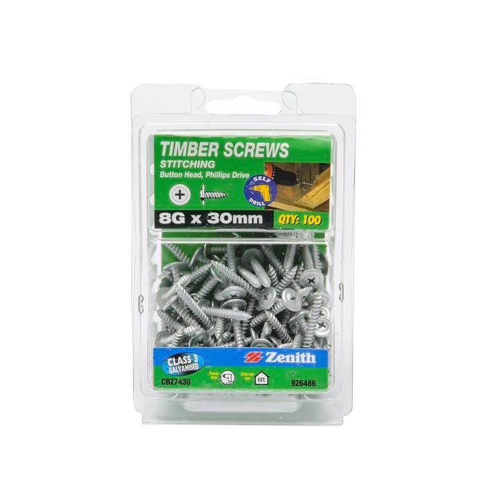 Zenith 8g x 30mm Galvanised Button Head Stitching Timber Screws - 100 Pack