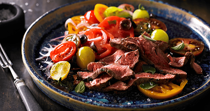 Grilled Flat Iron Steak with Tomato, Olive & Oregano Salad Recipe | Matador BBQs