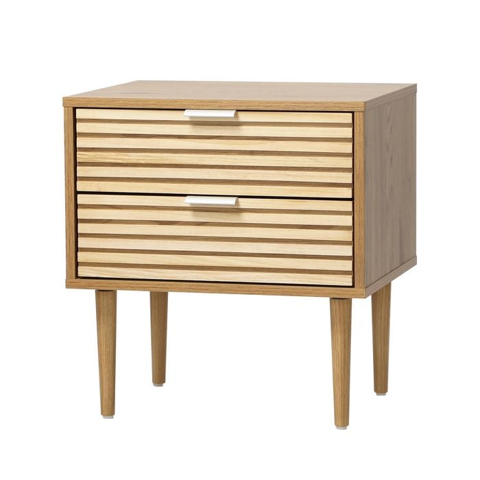 Oikiture Bedside Table 2 Drawers Side Table Cabinet Metal Handle Natural
