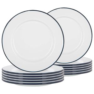 Argon Tableware 25.5cm Enamel Dinner Plates - Navy Rim - Set Of 12 - 10inch Large Dish Plates Metal Enamel Tableware Dinner Set
