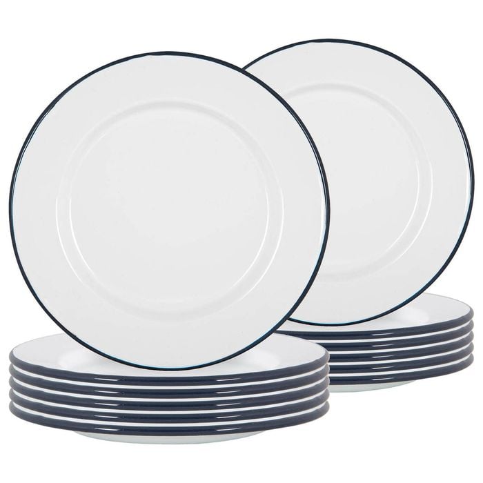 Argon Tableware 25.5cm Enamel Dinner Plates - Navy Rim - Set Of 12 - 10inch Large Dish Plates Metal Enamel Tableware Dinner Set