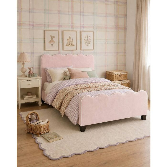 Hide & Seek Kids Polly Scalloped Upholstered Kids Bed - Blush, Double
