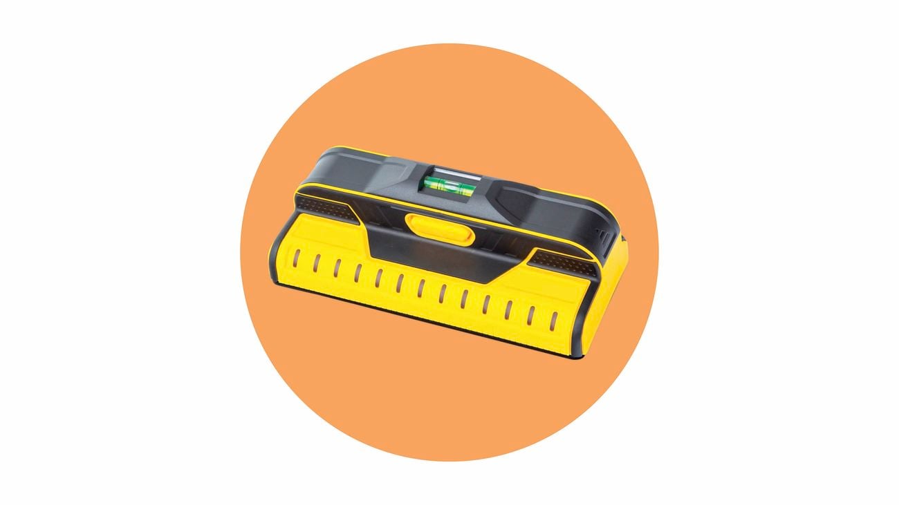  A yellow and black stud finder with a spirit level.