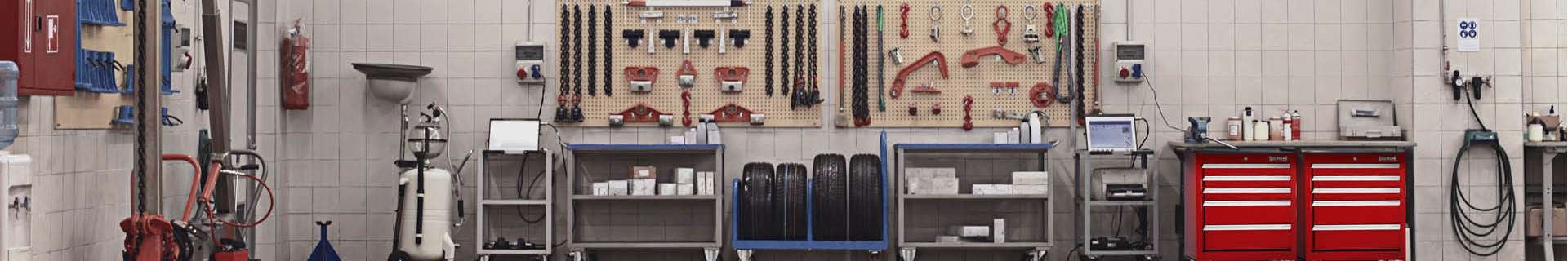 Garage with tools and workbenches.