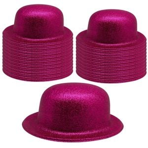 24x GLITTER BOWLER HAT Fancy Party Plastic Costume Cap Fun Dress Up Sparkle BULK Hot Pink