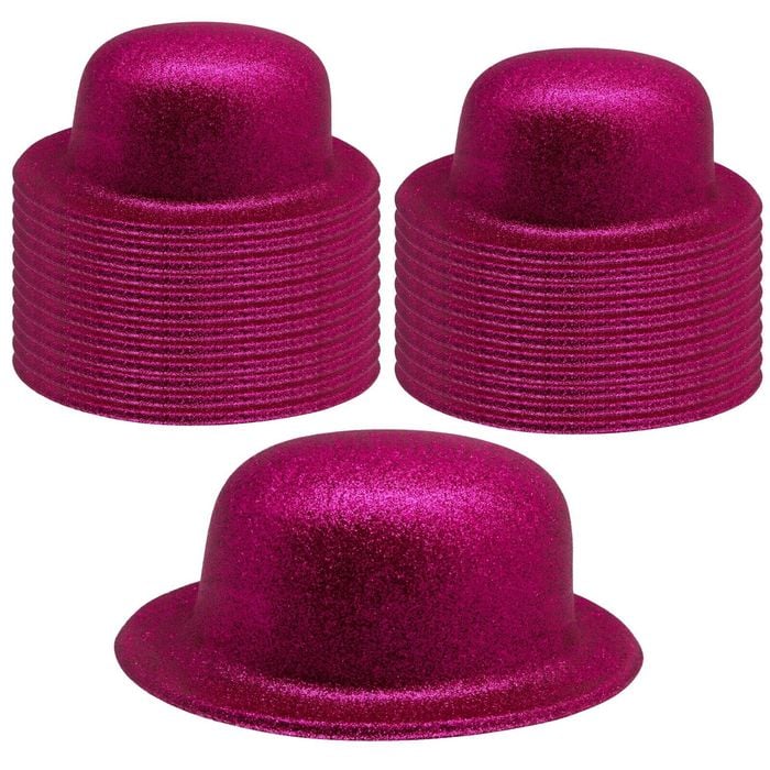 24x GLITTER BOWLER HAT Fancy Party Plastic Costume Cap Fun Dress Up Sparkle BULK Hot Pink