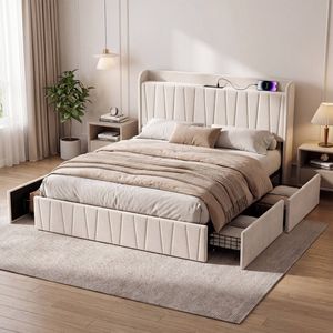 Ufurniture Upholstered Bed Frame with Tufted Headboard & Charging Station 4 Storage Drawers Double Size Beige