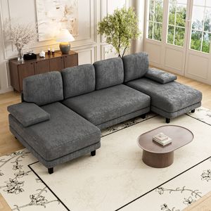 Advwin 280cm 4 Seater Sectiona Sofa Chenille Fabric U Shape Couch Modern Sofa Couch with Double Chaise Grey
