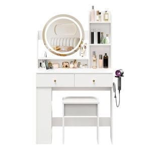 Ufurniture Modern Dressing Table with Power Outlets LED Round Mirror White