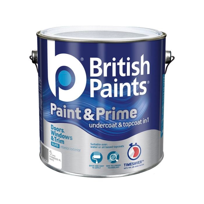 British Paints 4L White Gloss Doors Windows And Trim Paint And Prime - 4L