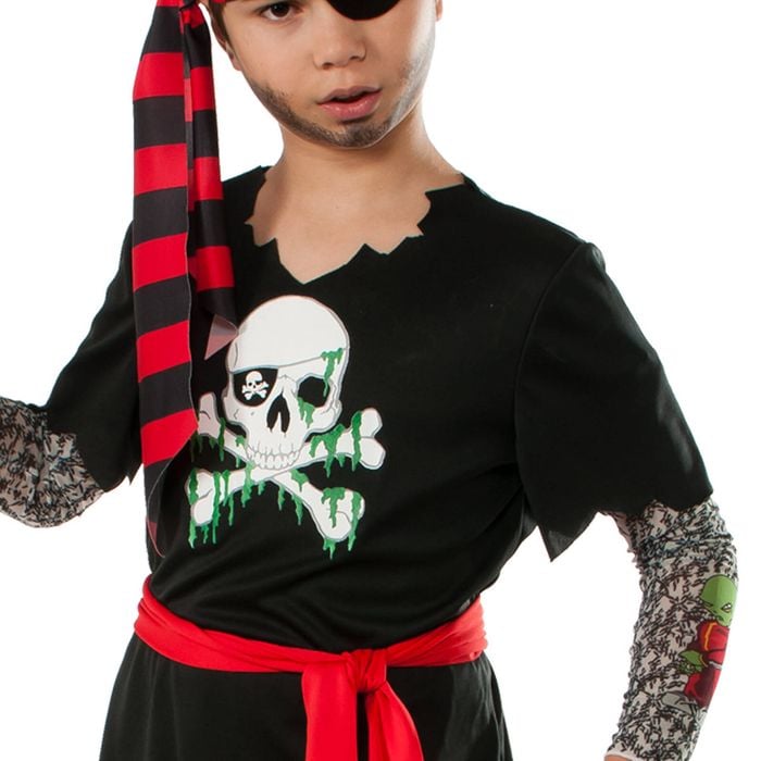 Pirate Halloween Costume for Kids with Tattoo Sleeves Shirt Pants Sash Headscarf, Large
