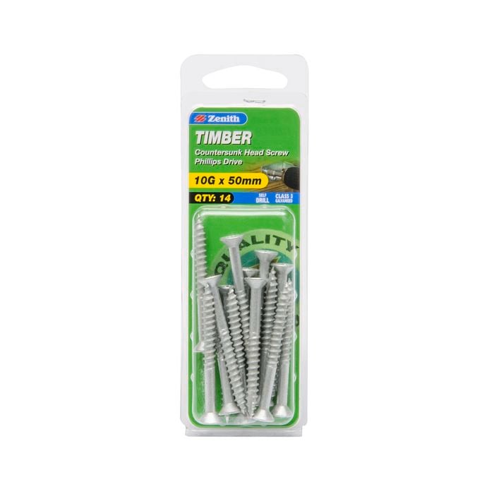 Zenith 10G x 50mm Galvanised Countersunk Head Timber Screws - 14 Pack