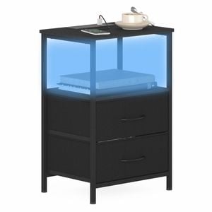 Advwin LED Bedside Table with Charging Station 2 Fabric Drawers Nightstand Black Drawer & Black Top