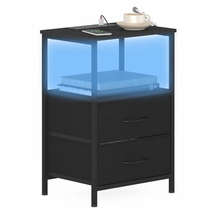 Advwin LED Bedside Table with Charging Station 2 Fabric Drawers Nightstand Black Drawer & Black Top