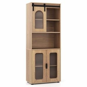 Costway Farmhouse Cabinet 150cm Translucent Sideboard Sliding Door Shelf