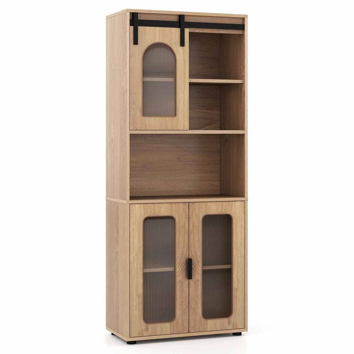 Costway Farmhouse Cabinet 150cm Translucent Sideboard Sliding Door Shelf