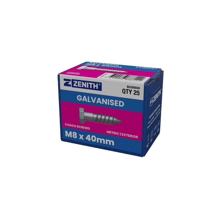 ZENITH M8 x 40mm Hot Dip Galvanised Hex Head Coach Screws - 25 Pack