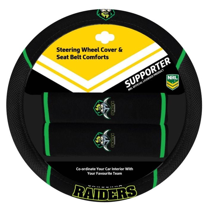 CANBERRA RAIDERS Official NRL Steering Wheel Cover and Seat Belt Cover Set
