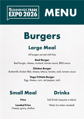 Trade Expo Wellington Menu