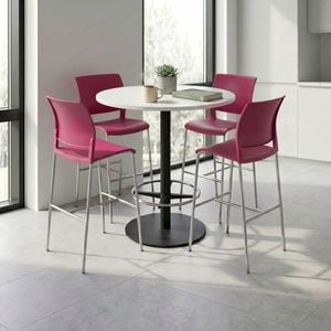 Olg Bar Leaner Bundle: Disc Base 1050mm Round Bar Leaner Black Frame White Top + 4 Game Plain Shell Barstools Red