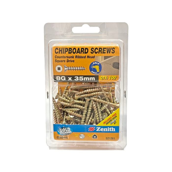 Zenith 8G x 35mm Gold Passivated Square Drive Chipboard Screw - 100 Pack