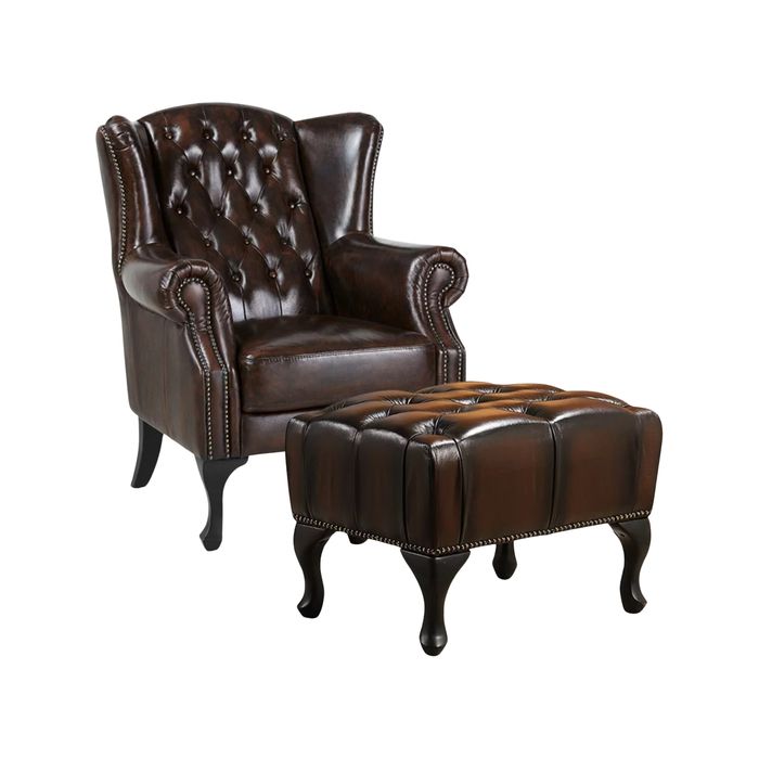 Max Chesterfield Winged Armchair Ottoman Footstool Sofa Leather Antique Brown