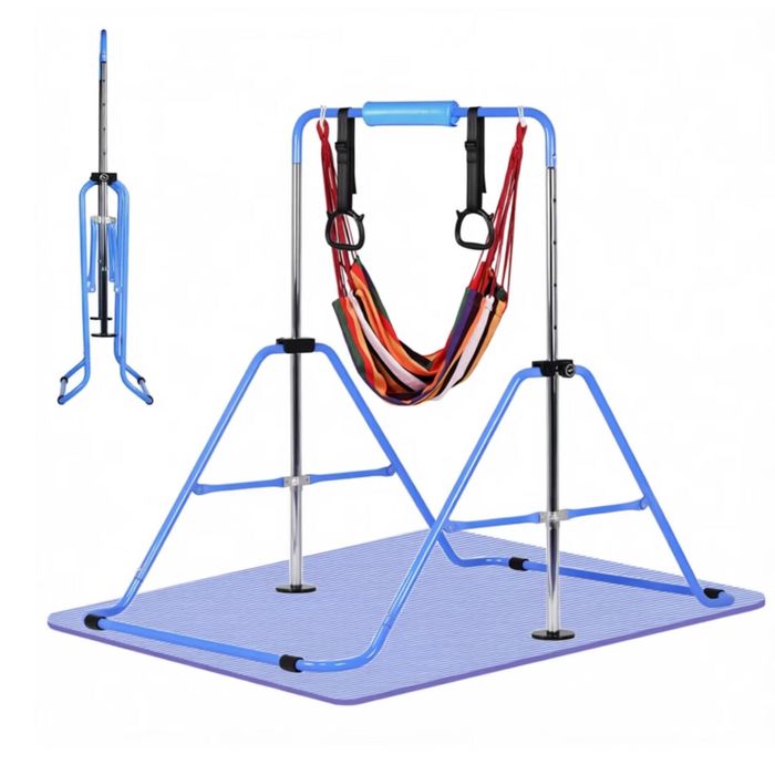 Advwin Adjustable Height Gymnastics Bar for Kids with Mat & Rings & Swing, Blue