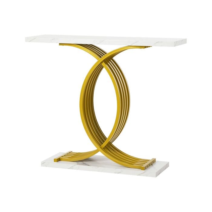 Oikiture Console Table Hallway Marble Effect Coffee Narrow Side Desk White and Gold