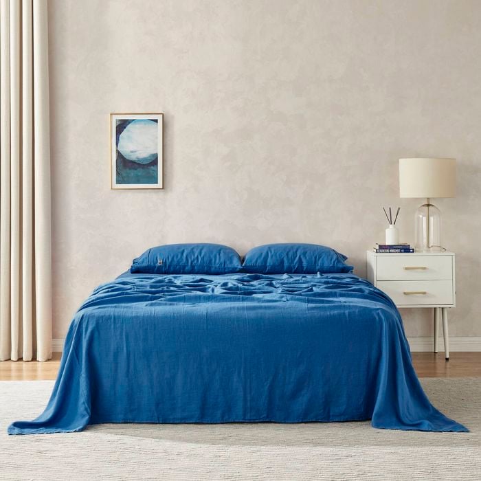 Natural Home 100% European Flax Linen Sheet Set Deep Blue Single Bed