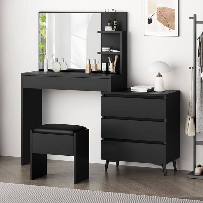 Alfordson Dressing Table Stool Set Side Cabinet Black