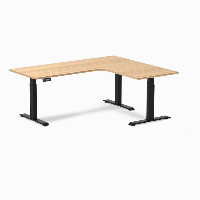 Desky L-shape Sit To Stand Sublime Teak Melamine Desk 1800x1500mm - Right Return Height Adjustable Matte Black Leg