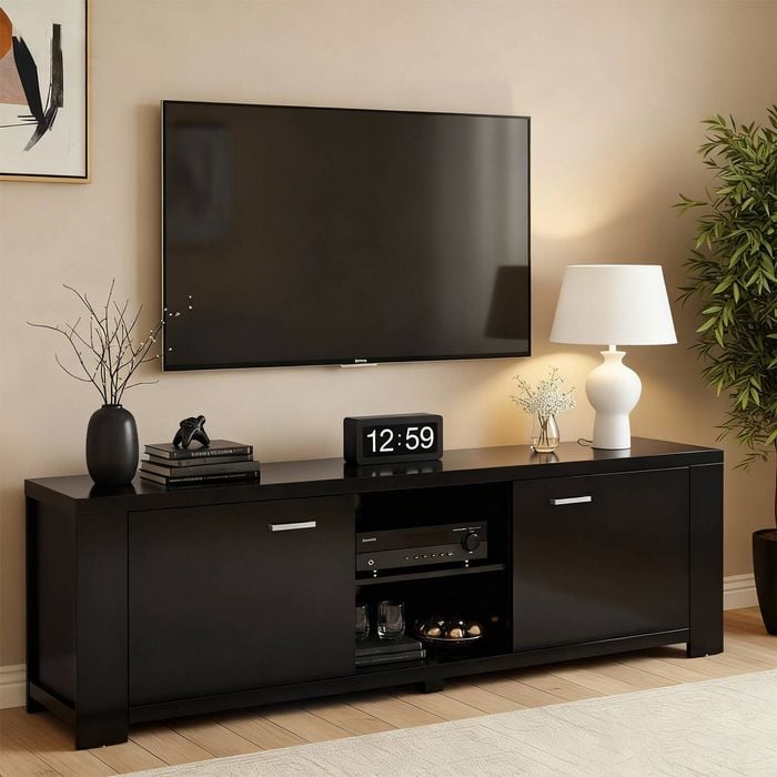 Homfurn Tv Unit, 160cm Entertainment Unit With Open Shelves, Home Furniture For Living Room, Bedroom, Study Room,  Black
