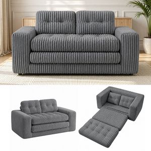 Ufurniture 142cm Convertible 2 Seater Sofa Bed Wide-wale Corduroy Loveseat Floor Sleeper Sofa W/ 2 Pillow Boneless Grey