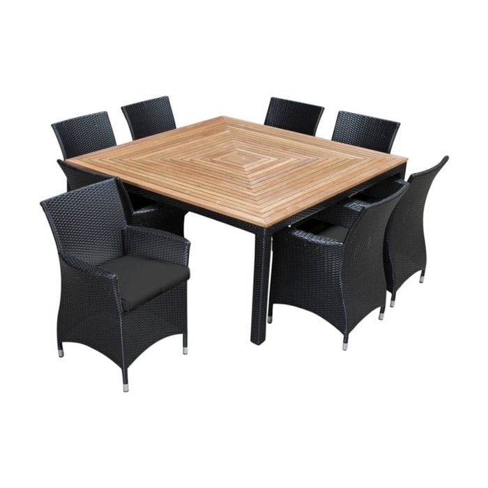 Sahara 8 Seater Square Teak Top Dining Table Charcoal With Chairs & Denim Grey Cushions